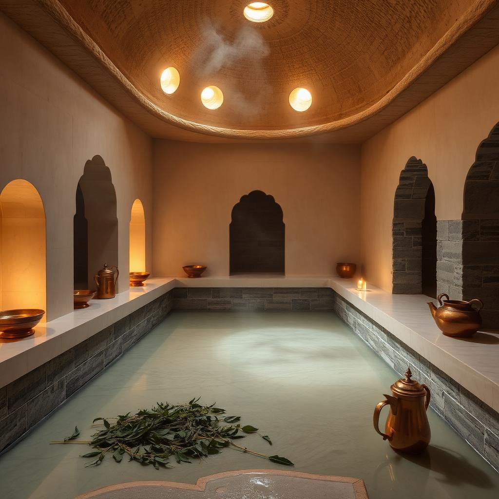Domed Moroccan hammam chamber with steam, marble ledges, and copper bowls