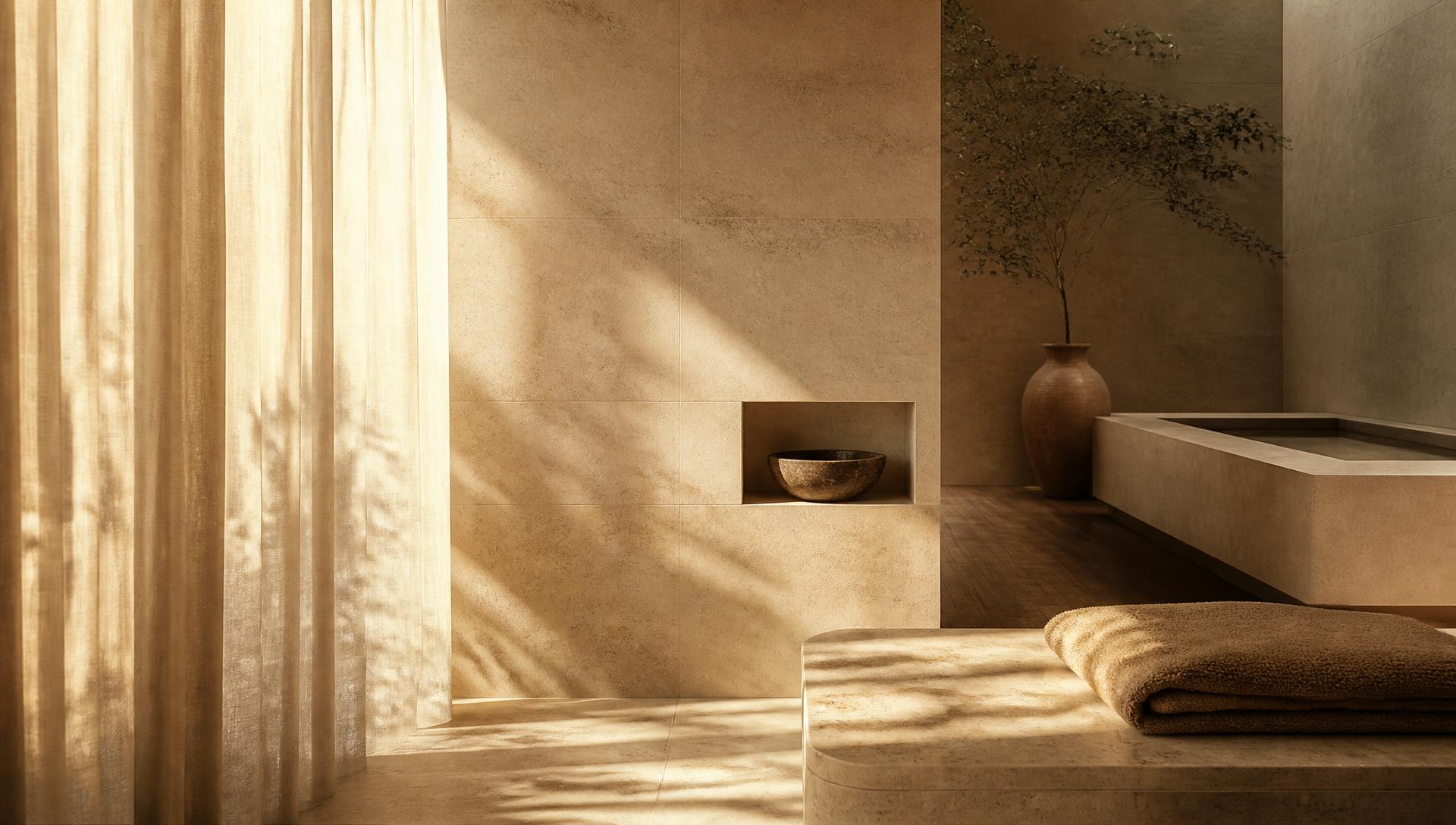 Sunlit limestone treatment room at NOYA in Verdun, Beirut